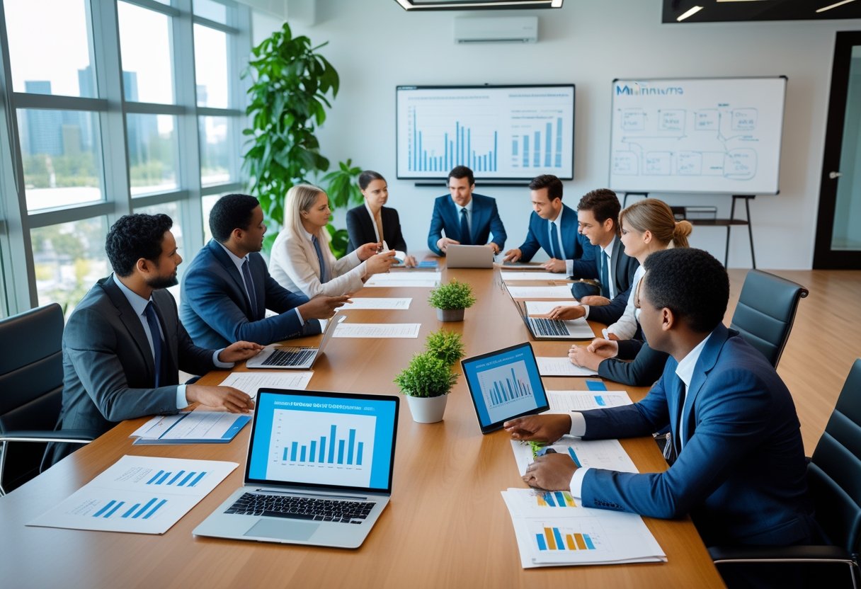 Business professionals discussing charts and documents around a conference table in a bright meeting room.