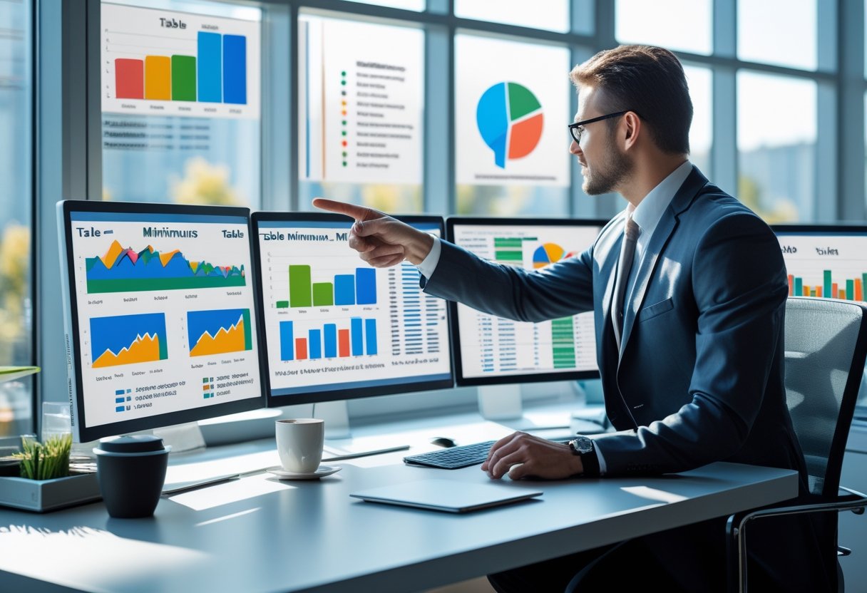 A business professional analyzing financial charts on multiple computer screens in a modern office.