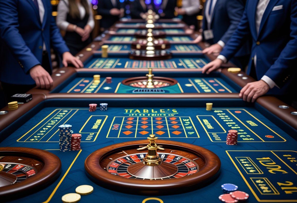 Casino gaming tables with chips, cards, and roulette wheels, showing different game setups and players at the tables.