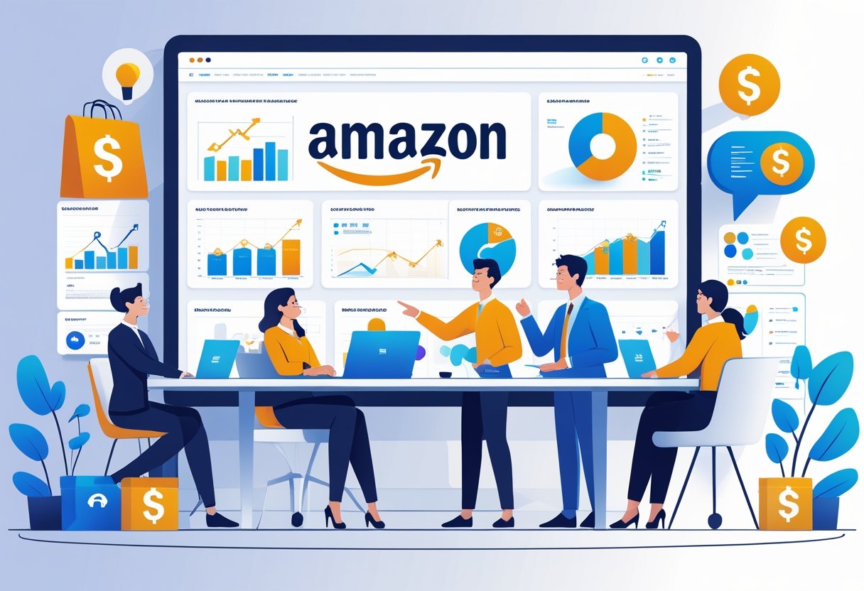 A team of professionals collaborating in an office with a large screen showing Amazon-related marketing data and e-commerce symbols.