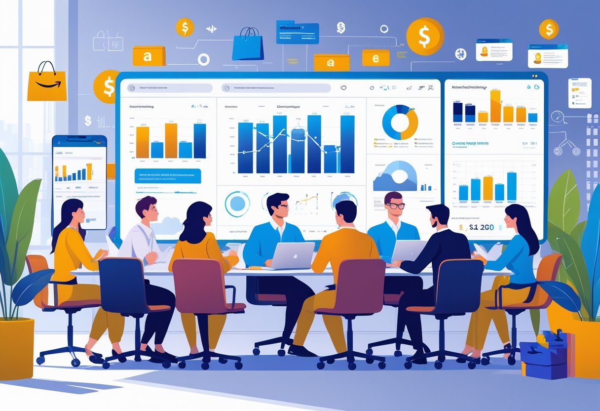 A team of marketing professionals working together in an office with digital devices and charts related to online sales and advertising.