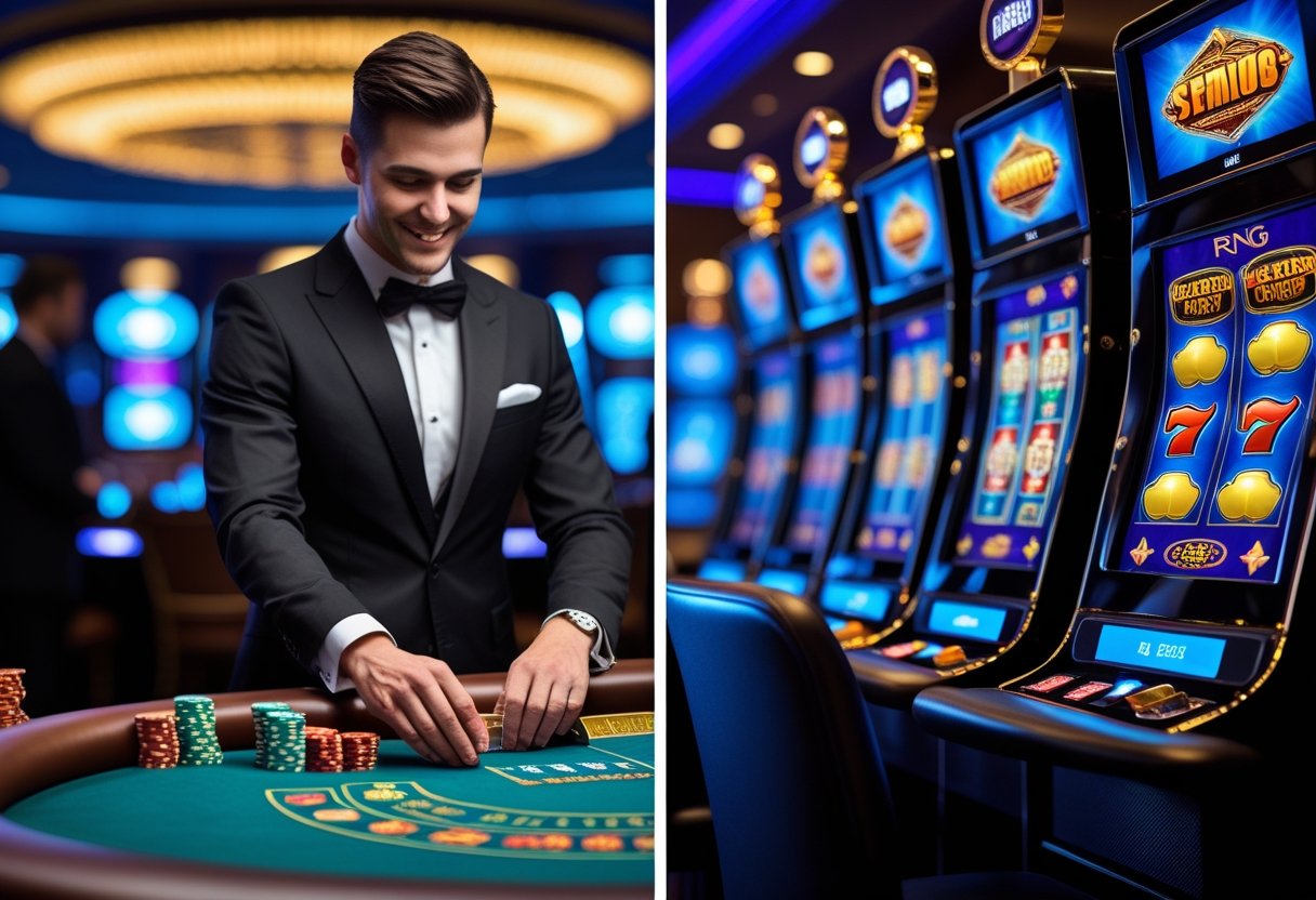 A casino scene showing a live dealer at a gaming table on one side and a digital slot machine interface on the other side.