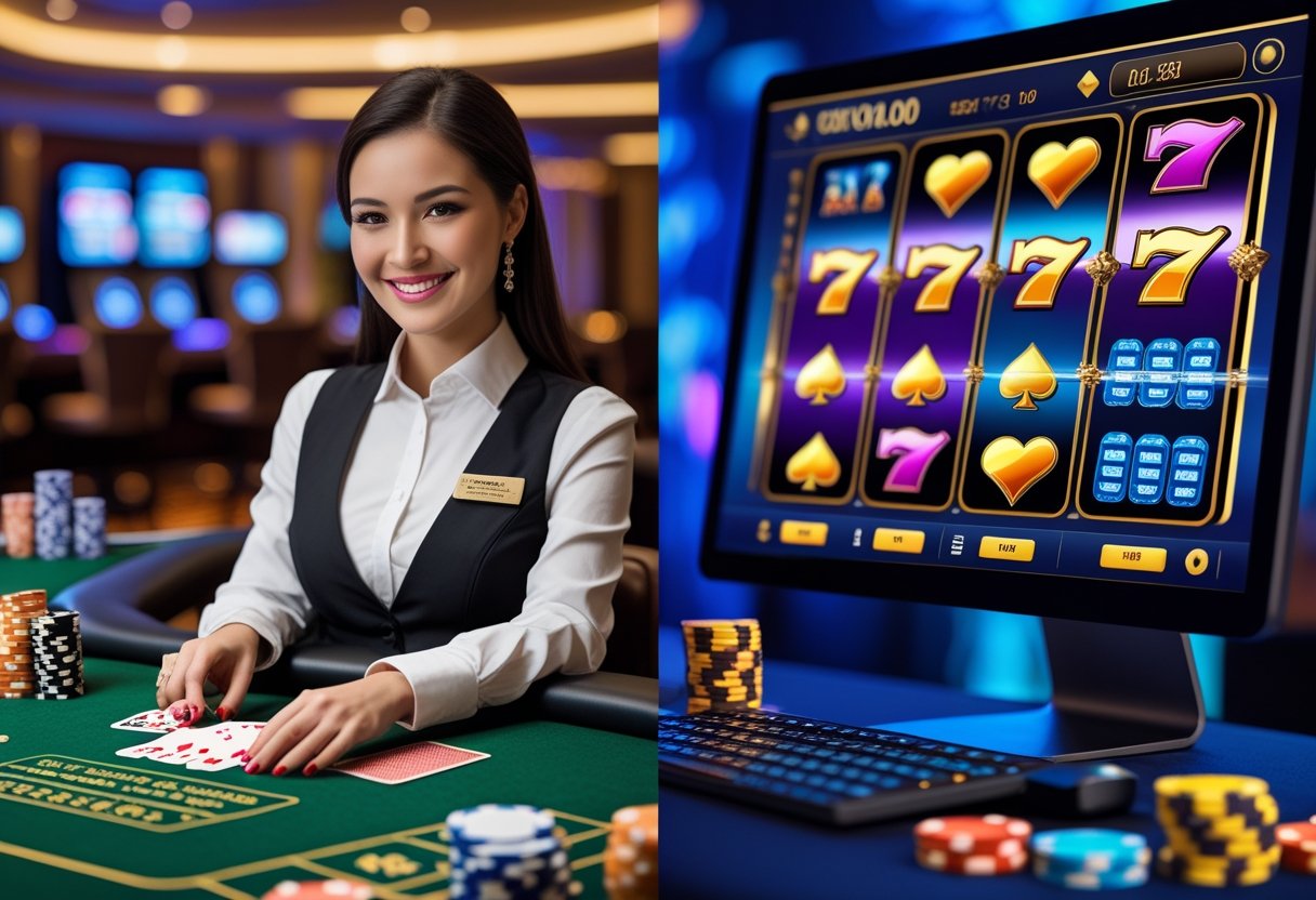 A split image showing a live dealer dealing cards at a casino table on one side and a computer screen displaying digital slot machine reels and dice on the other side.