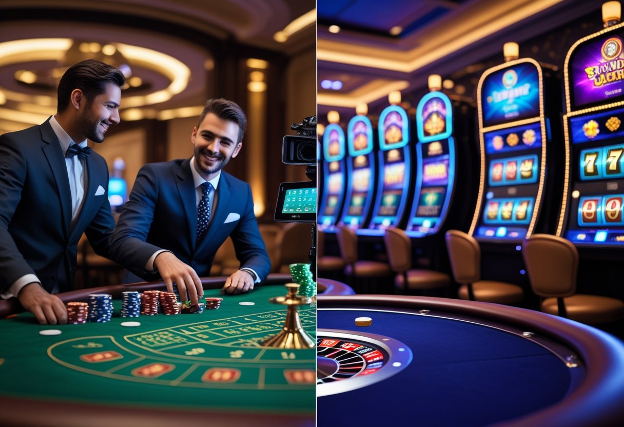 A casino scene showing a live dealer interacting with players at a table on one side and colorful digital slot machines and game icons on screens on the other side.