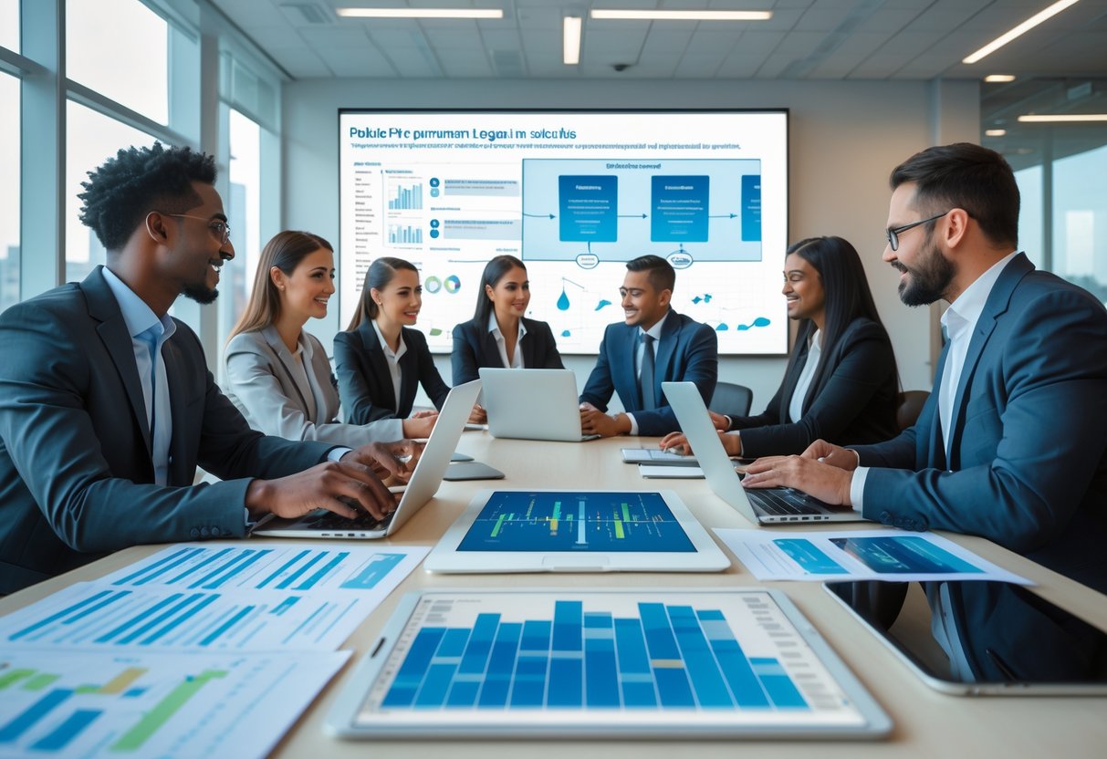 Des professionnels en réunion autour d'une table de conférence avec des ordinateurs portables et des documents, discutant de calendriers et d'obligations liées à l'intelligence artificielle dans les marchés publics.