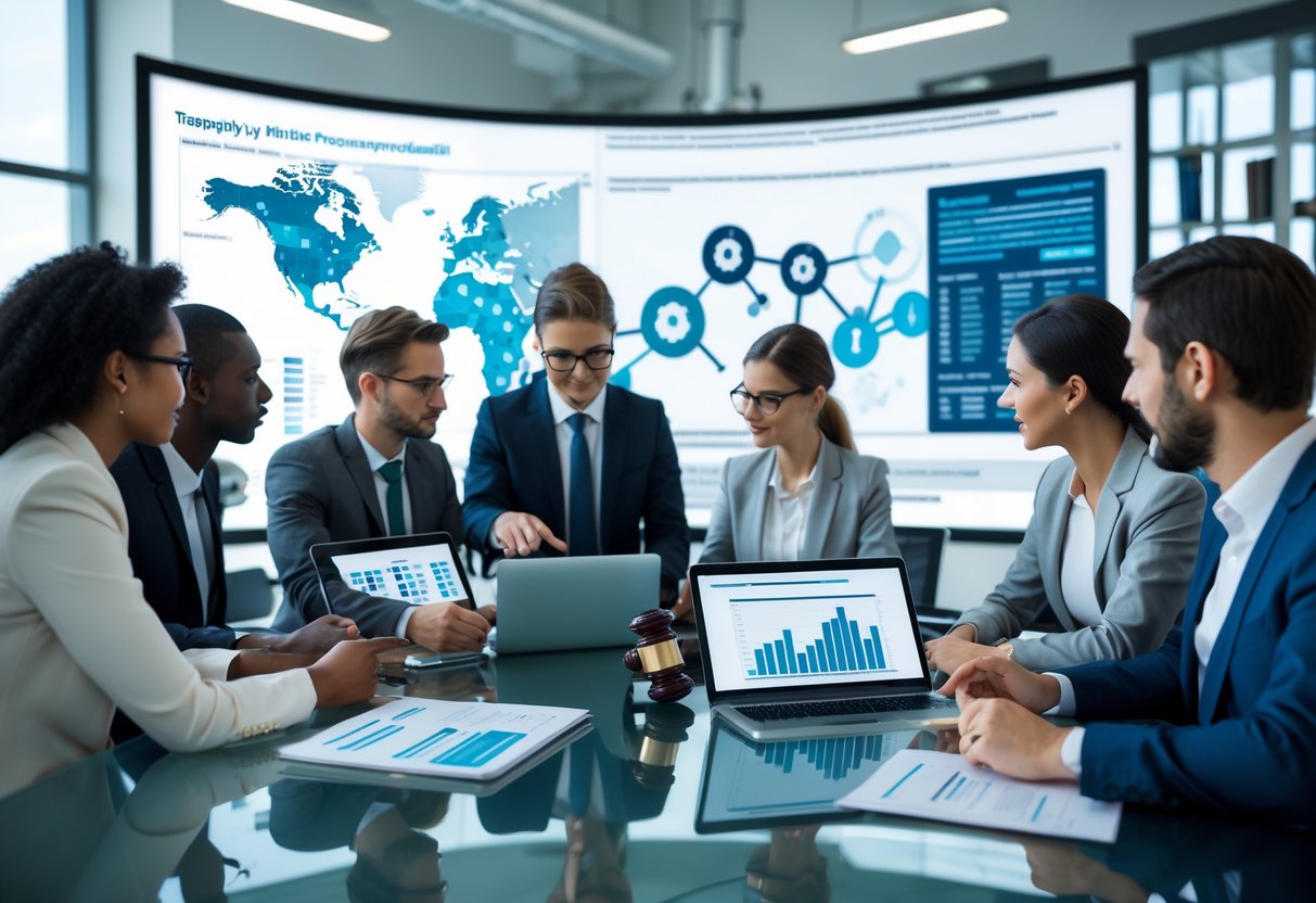 Des professionnels en réunion dans un bureau moderne, discutant autour d'une table avec des appareils numériques et des documents, avec un écran affichant des données en arrière-plan.
