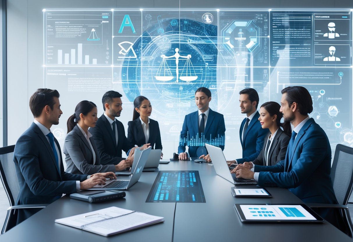 Des professionnels en réunion autour d'une table de conférence avec des appareils numériques, discutant de l'intelligence artificielle et du cadre légal dans les marchés publics.