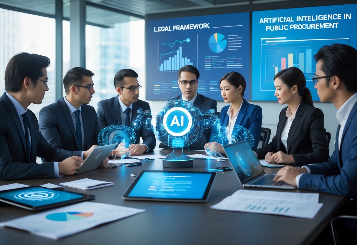 Des professionnels en réunion autour d'une table de conférence dans un bureau moderne, discutant de concepts liés à l'intelligence artificielle et au cadre légal.