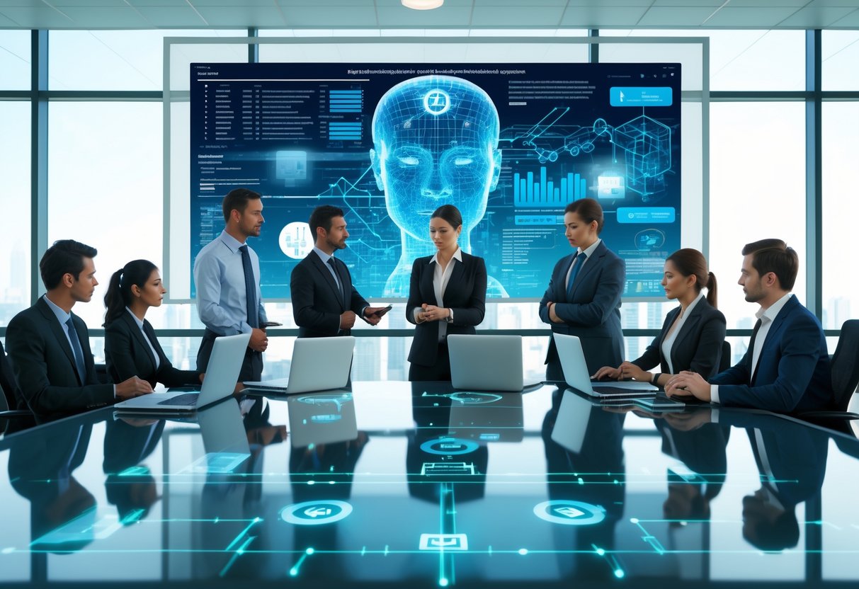 Des professionnels en réunion autour d'une table avec des ordinateurs affichant des données et des graphiques, discutant de l'intégration des algorithmes dans l'évaluation des offres publiques.