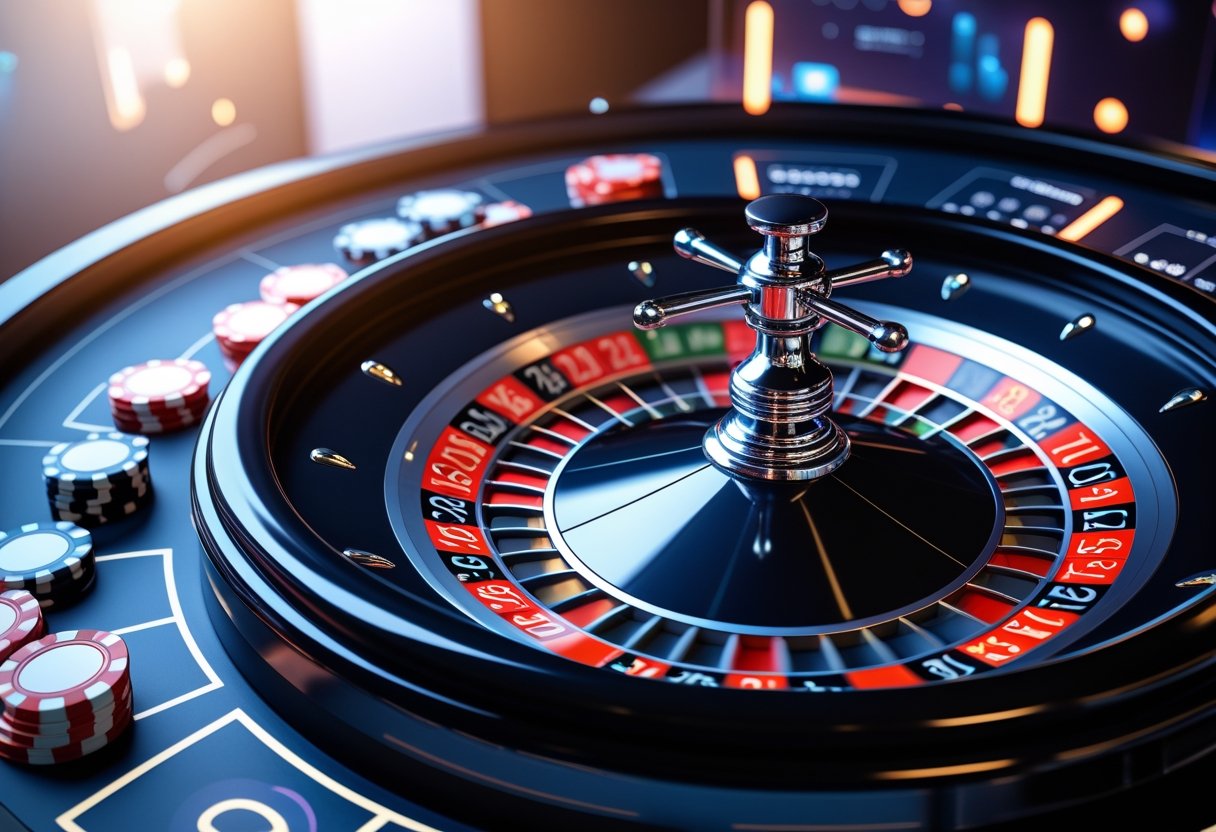 A spinning European roulette wheel with a white ball in motion, surrounded by a digital casino interface with betting options and chips.