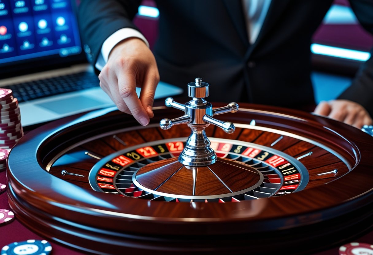 Close-up of a European roulette wheel with a croupier's hand poised to spin, set in an online casino environment with a digital interface visible in the background.