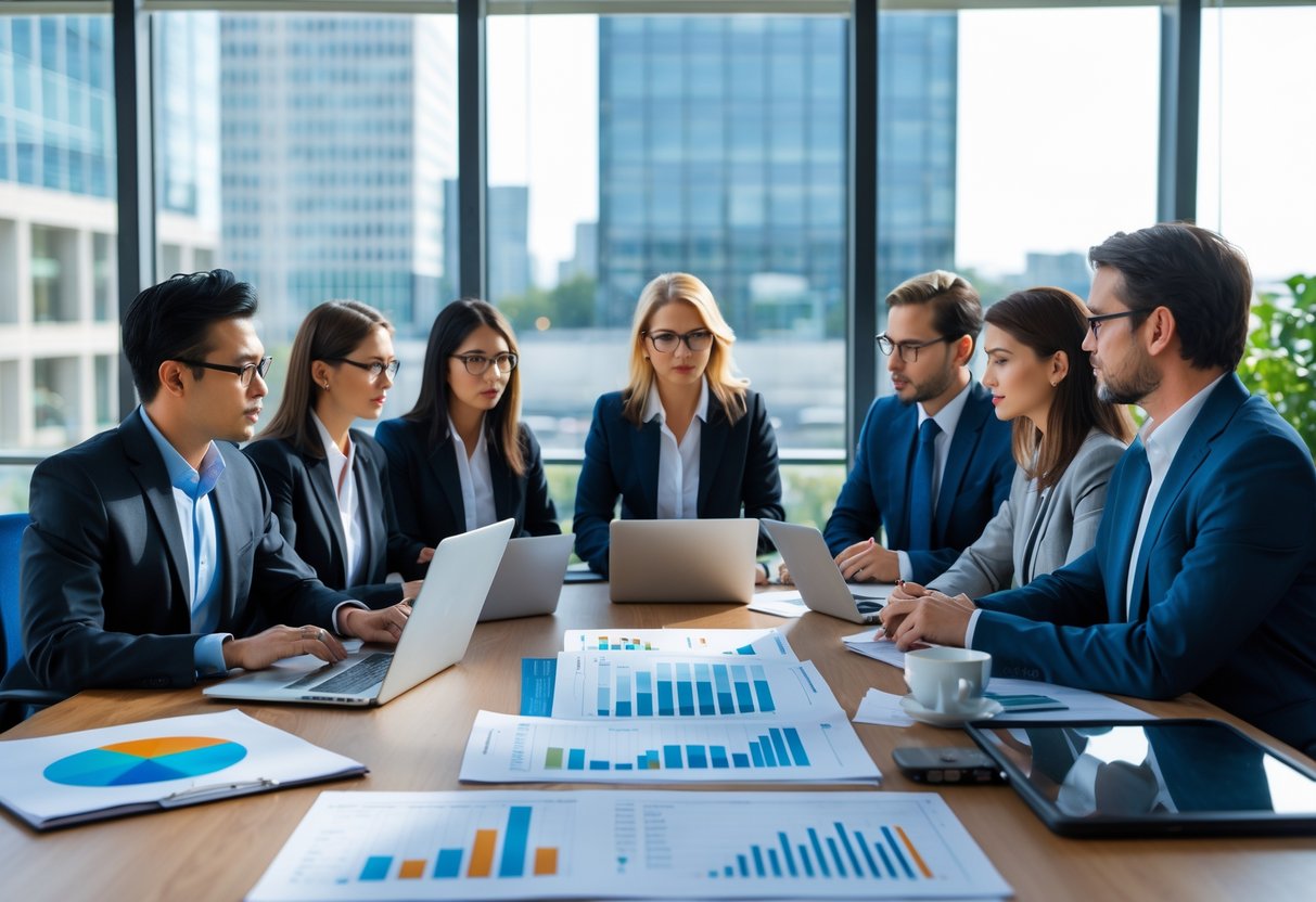 Des professionnels en réunion dans un bureau moderne discutant autour d'une table avec des documents et des appareils numériques.