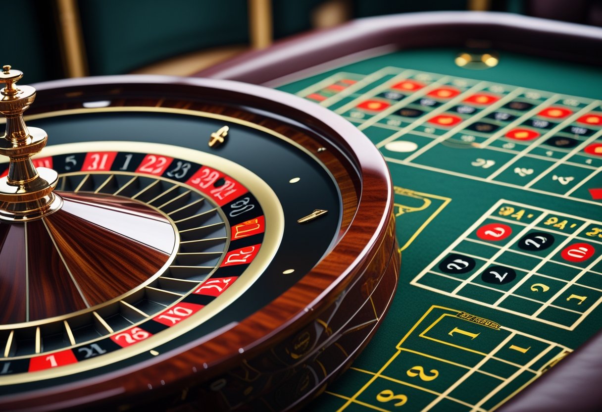 Close-up of a European roulette wheel and table layout with numbers and betting areas in a casino setting.