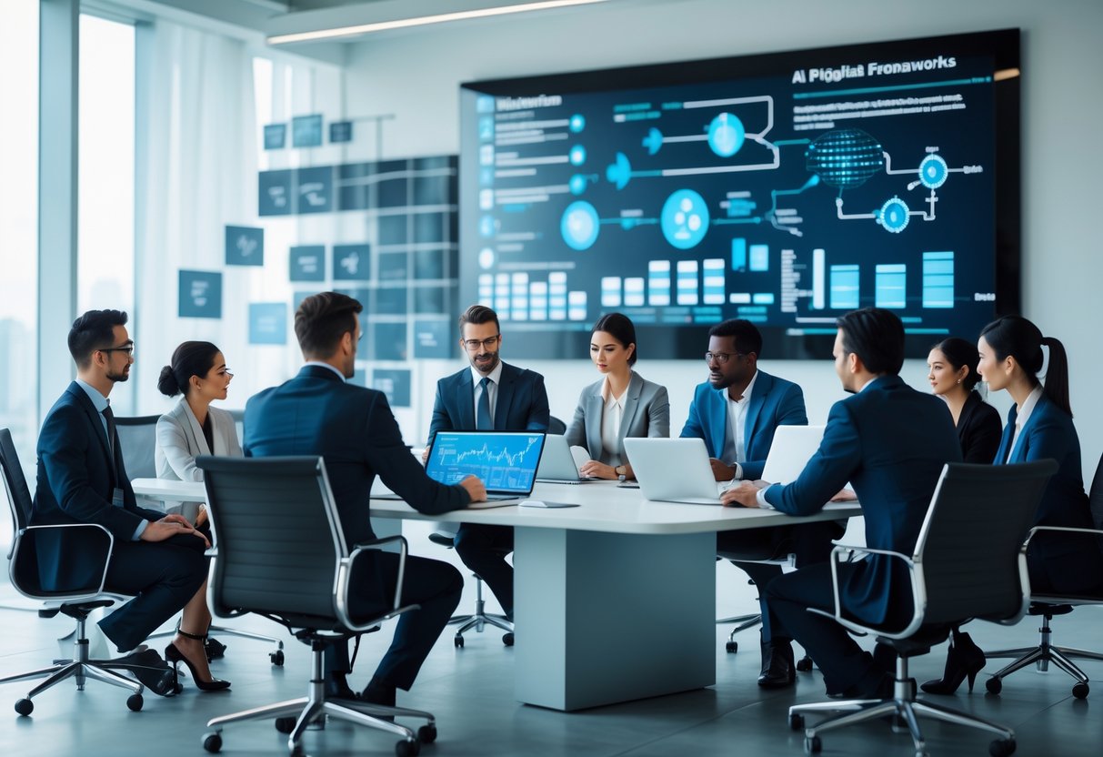 Des professionnels en réunion dans un bureau moderne, discutant autour d'une table avec des ordinateurs et des documents, avec un écran affichant des visualisations de données en arrière-plan.