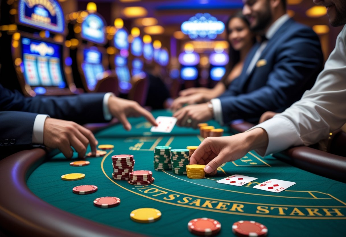 People playing blackjack at a casino table with chips and cards, surrounded by slot machines and casino lighting.
