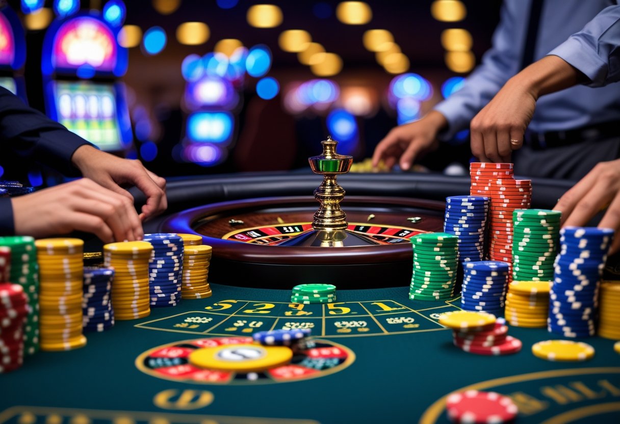 Close-up of a roulette wheel with casino chips and players' hands placing bets in a lively casino setting.