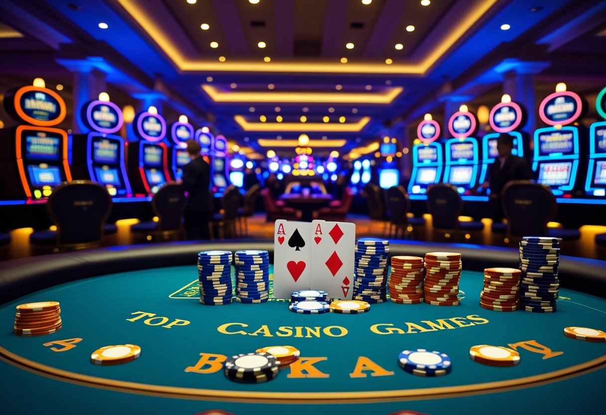 A lively casino interior with gaming tables, chips, cards, and slot machines, showing players engaged in casino games.
