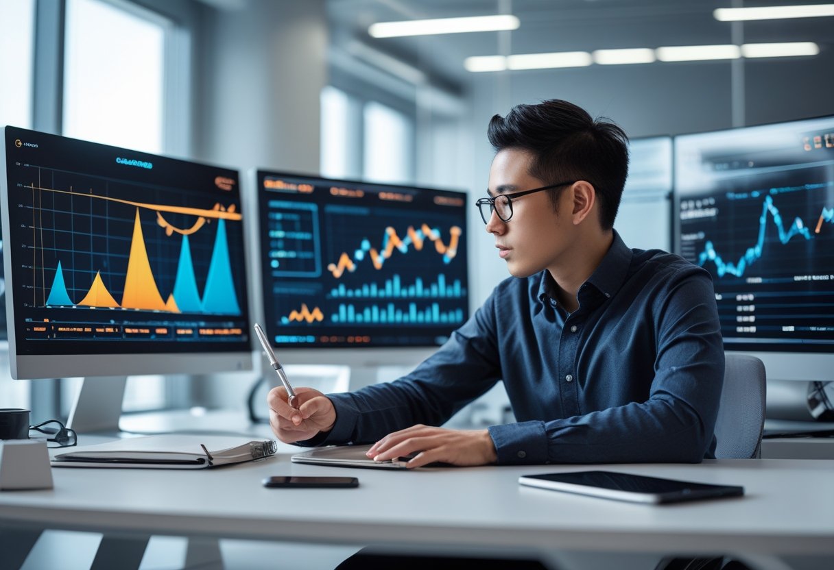A person sitting at a desk analyzing charts and graphs on multiple computer screens, planning a crash games strategy.