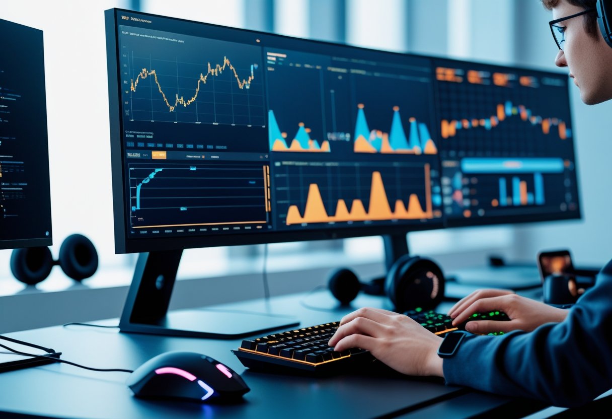 A person using a computer with multiple screens showing graphs and game interfaces, focusing on a gaming setup in a bright workspace.