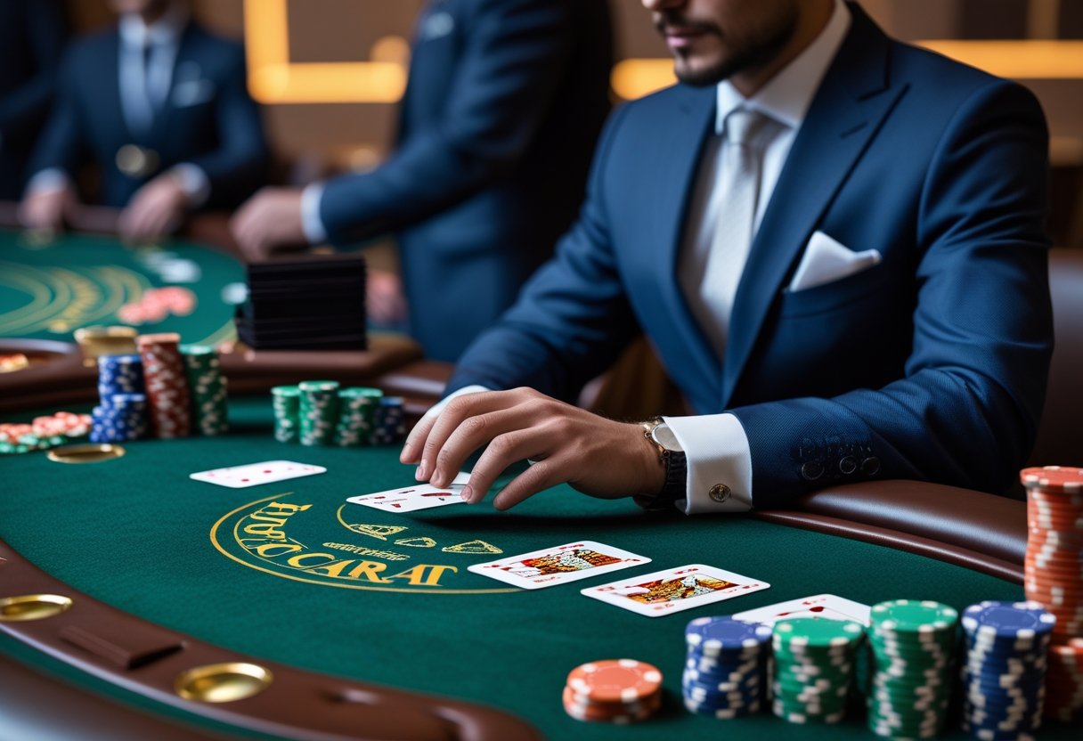 A person in a suit analyzing cards and chips at a baccarat table in a casino setting.