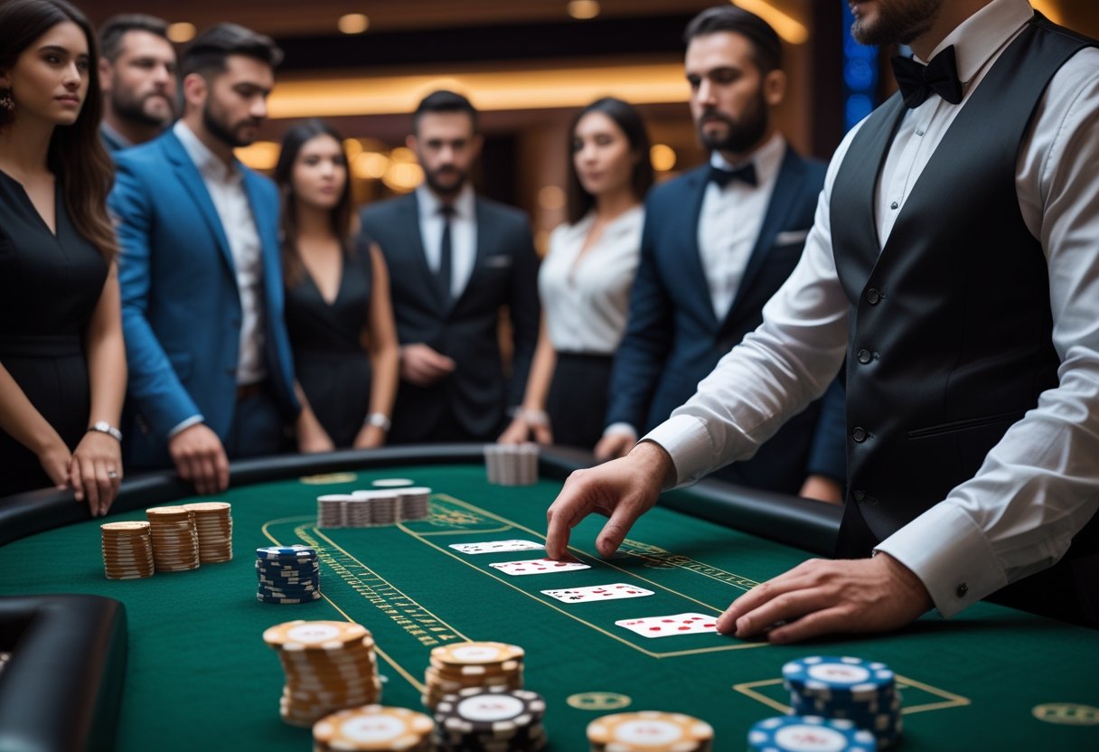 A dealer and players gathered around a baccarat table with cards and chips during a casino game.