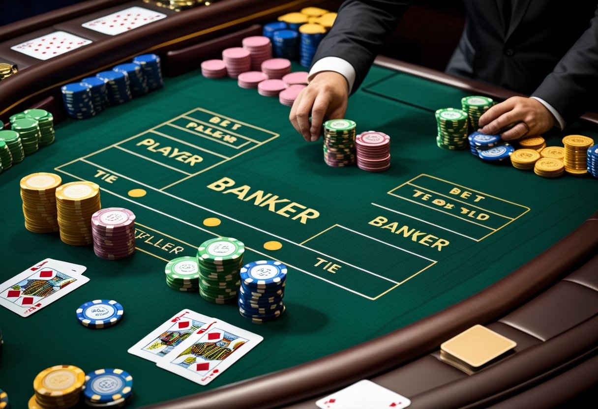 Overhead view of a baccarat table with chips placed on Player, Banker, and Tie betting areas and a dealer's hand arranging chips.