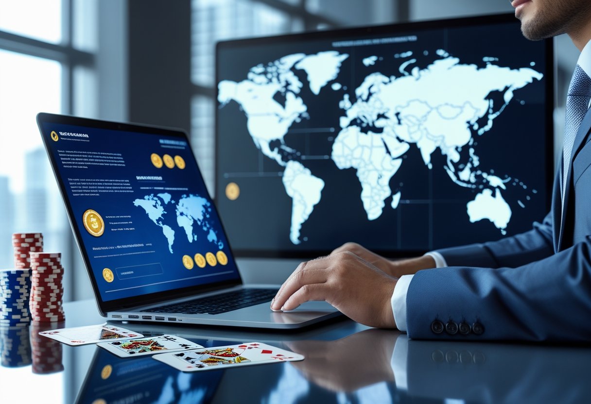 A business professional working at a desk with a laptop showing digital verification symbols, surrounded by casino-related items and a world map highlighting licensing regions.