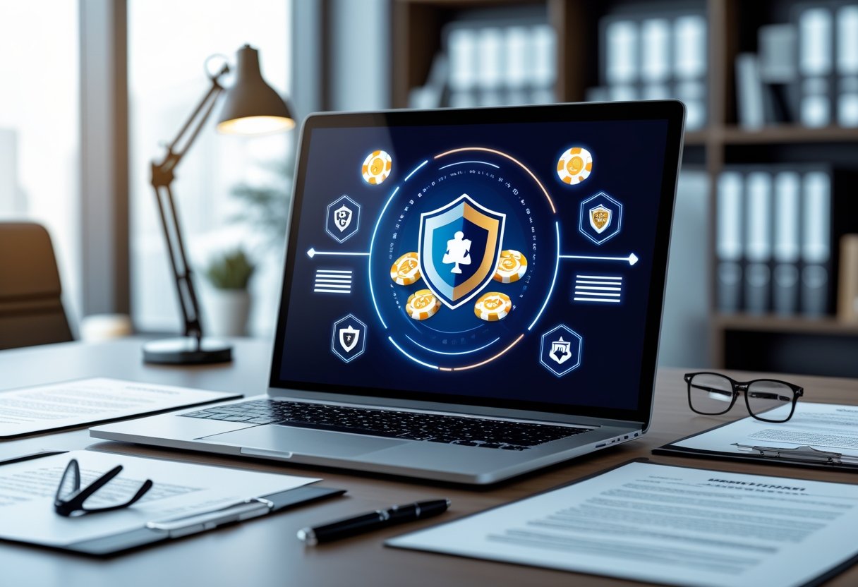 A laptop on a desk showing online casino icons with documents and office items around, suggesting a legal review process.