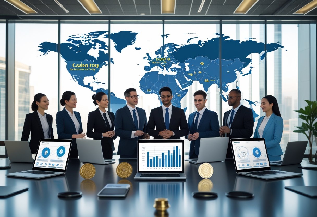A group of business professionals discussing online casino licensing around a conference table with laptops and a world map in the background.