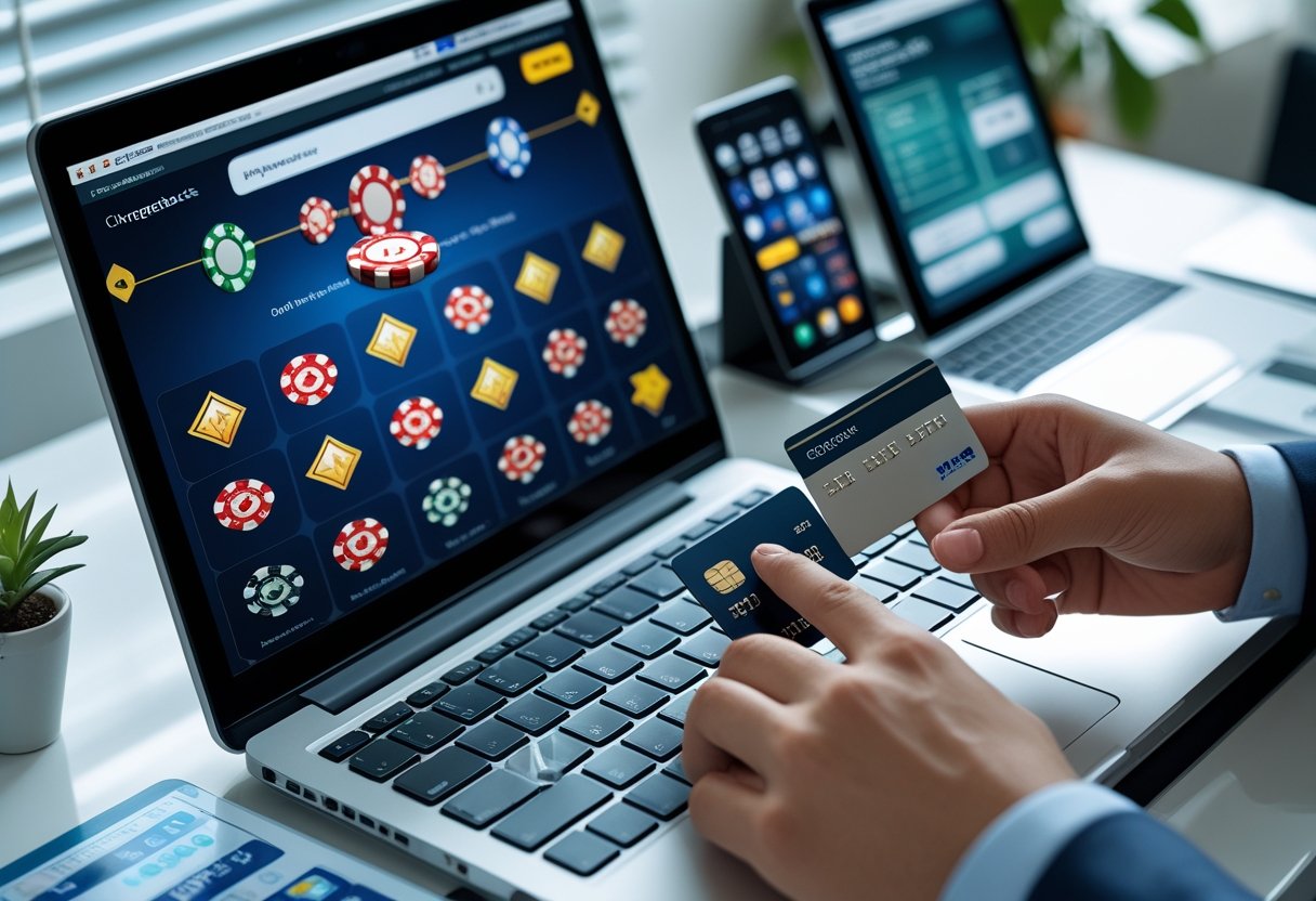 A person using a laptop showing an online casino website while holding a credit card, with financial tools like a calculator and smartphone nearby.