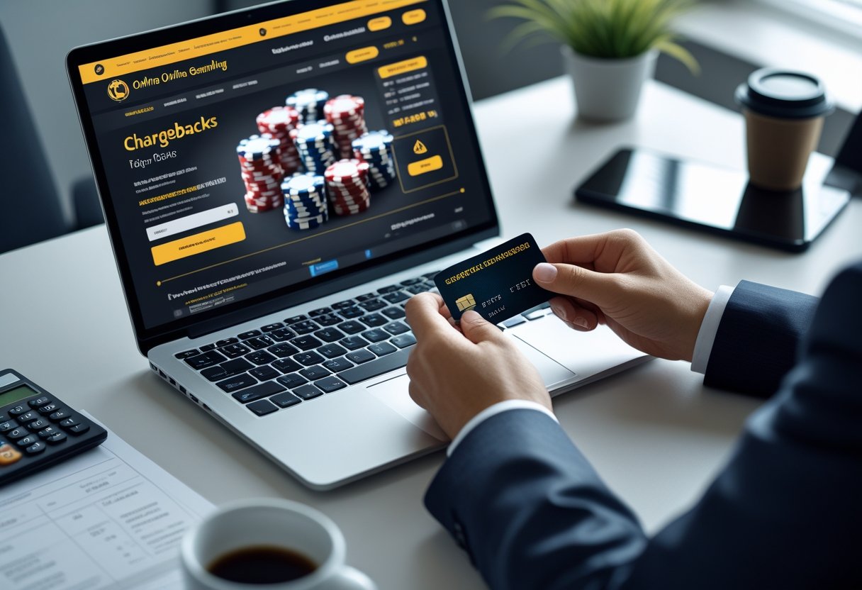 A person reviewing financial documents and a credit card near a laptop showing an online gambling website with poker chips and playing cards.