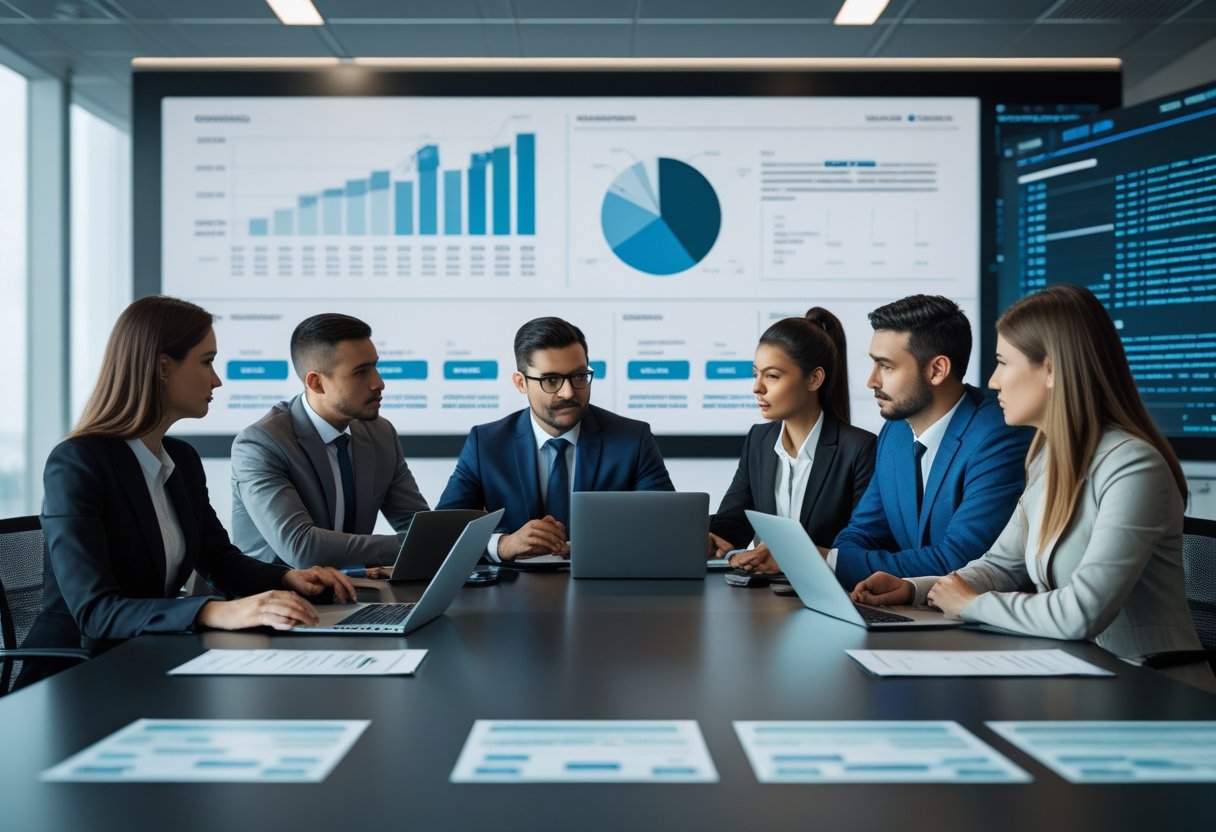 A group of business professionals discussing financial data around a conference table with laptops and charts in a modern office.