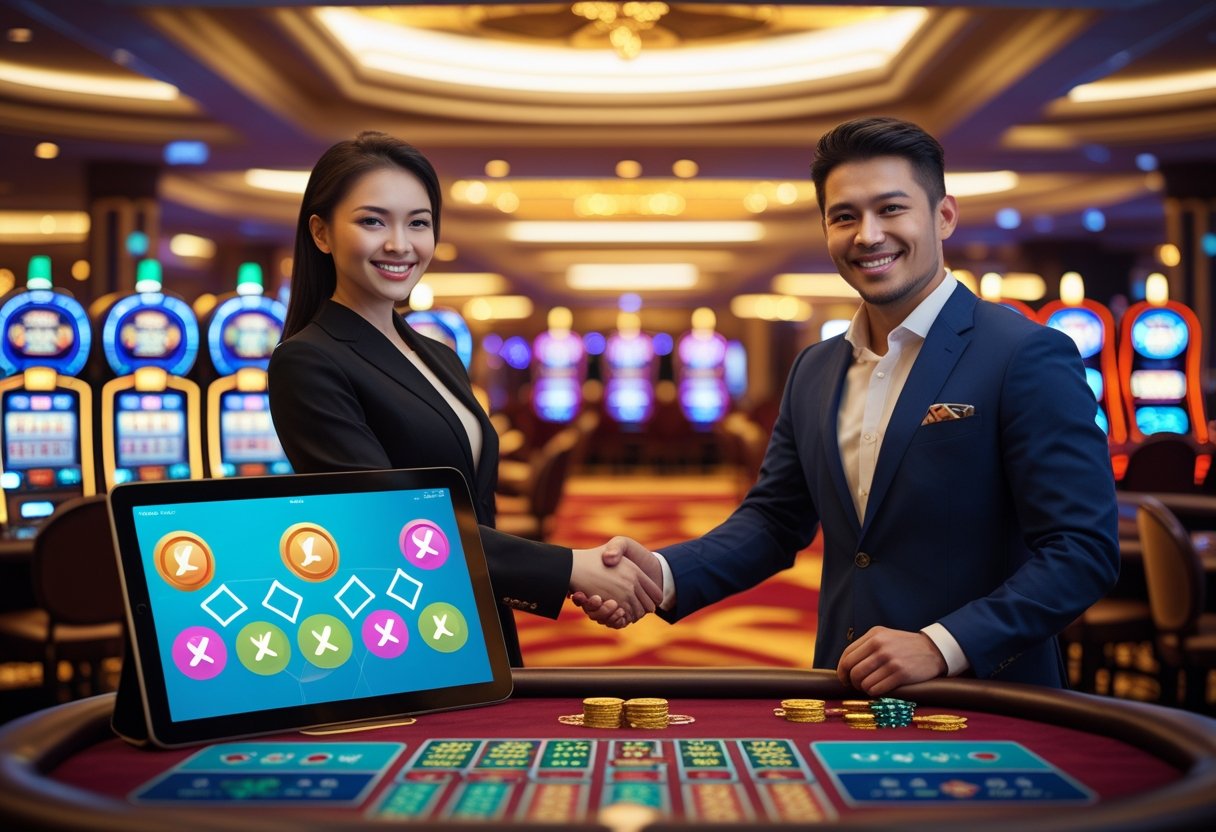 A man and woman shaking hands in a casino with slot machines and gaming tables in the background, and a digital device showing colorful bonus icons nearby.