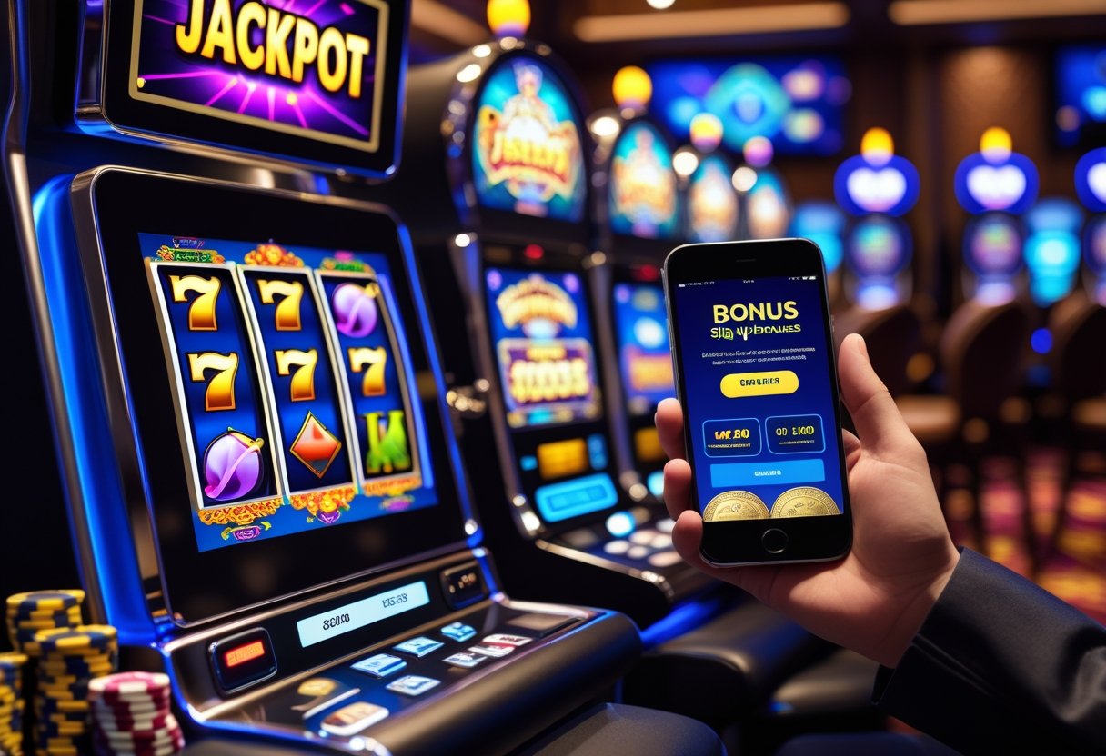 A casino scene showing a slot machine and a person holding a smartphone with a casino app, surrounded by casino chips and playing cards.