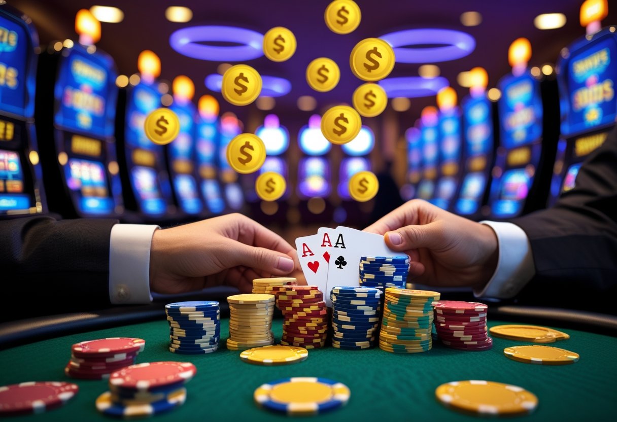 Close-up of hands holding playing cards and poker chips on a casino table with slot machines and bonus symbols in the background.