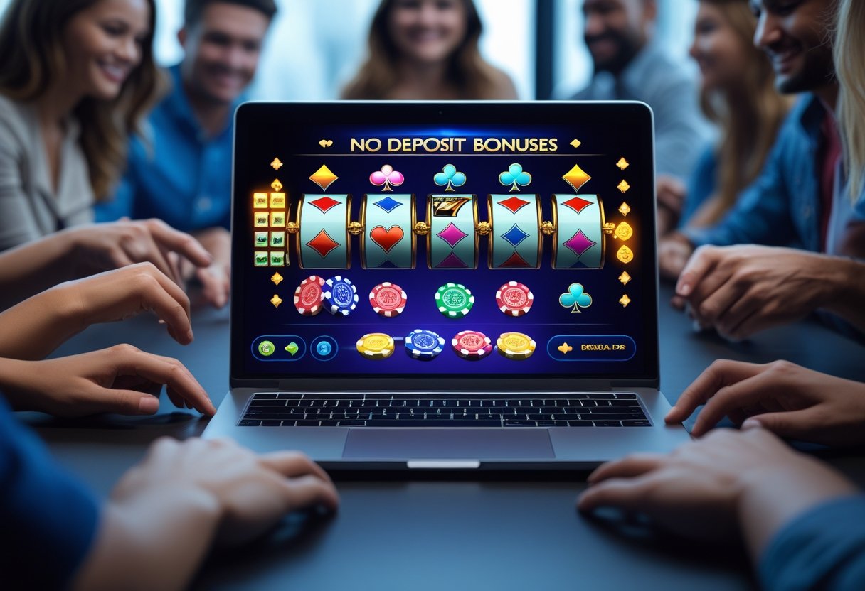 Hands interacting with a laptop showing an online casino game with colorful slot icons and poker chips on the screen.