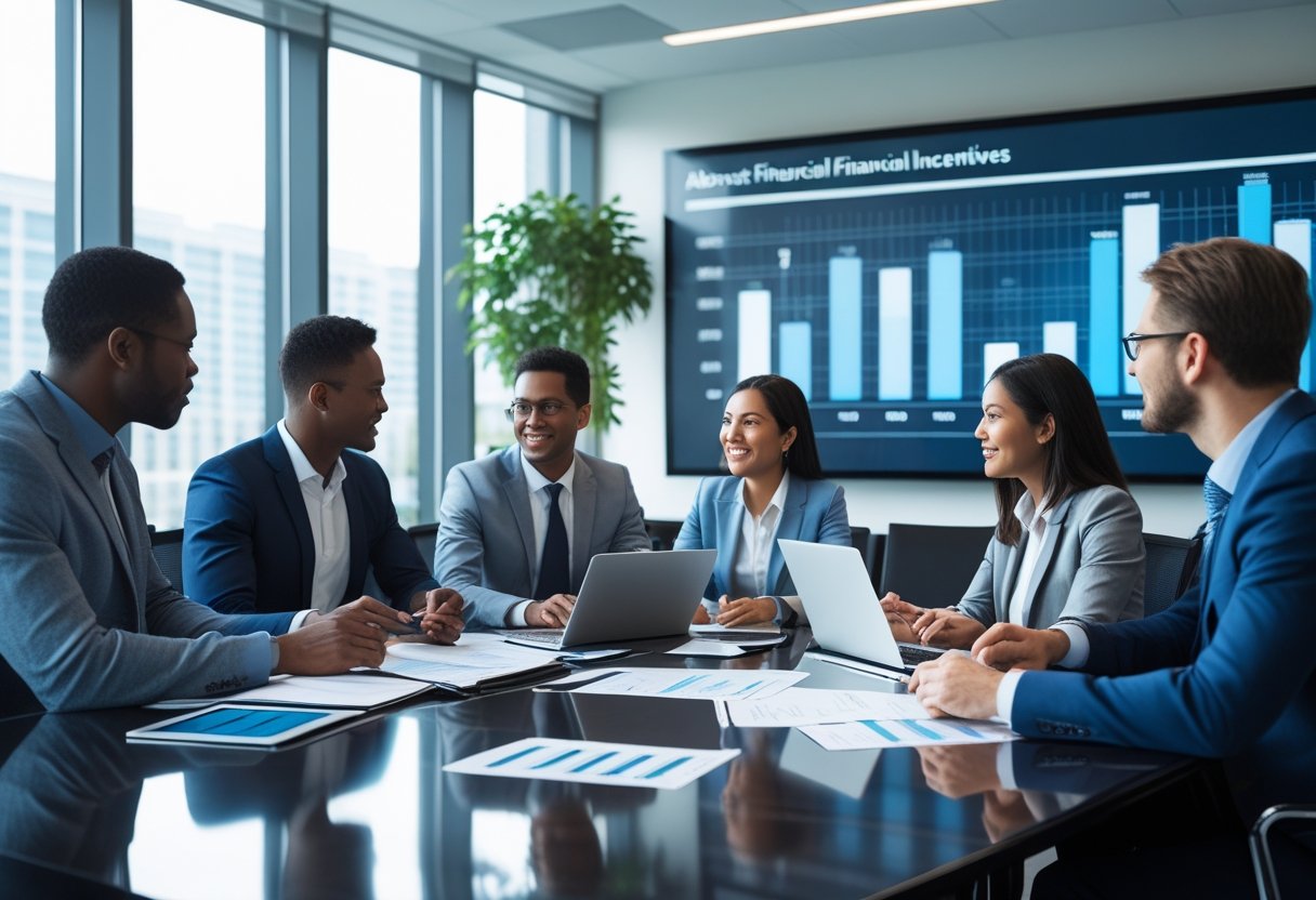 A group of business professionals discussing financial documents around a conference table in a bright office.