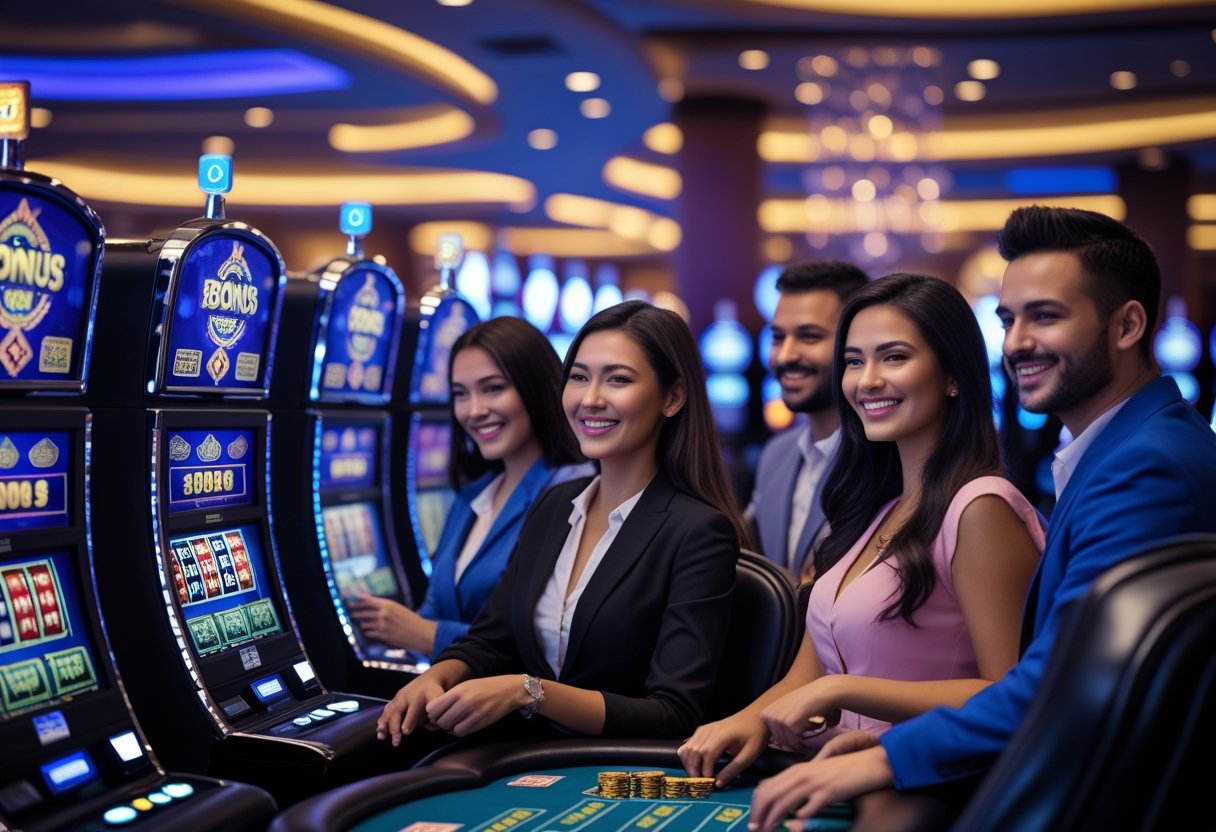 People enjoying games at a brightly lit modern casino with slot machines and card tables.