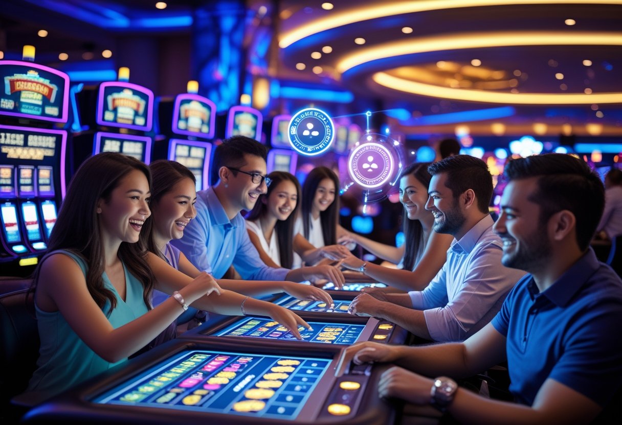 Players interacting with digital casino games featuring rewards and progress indicators in a lively casino setting.