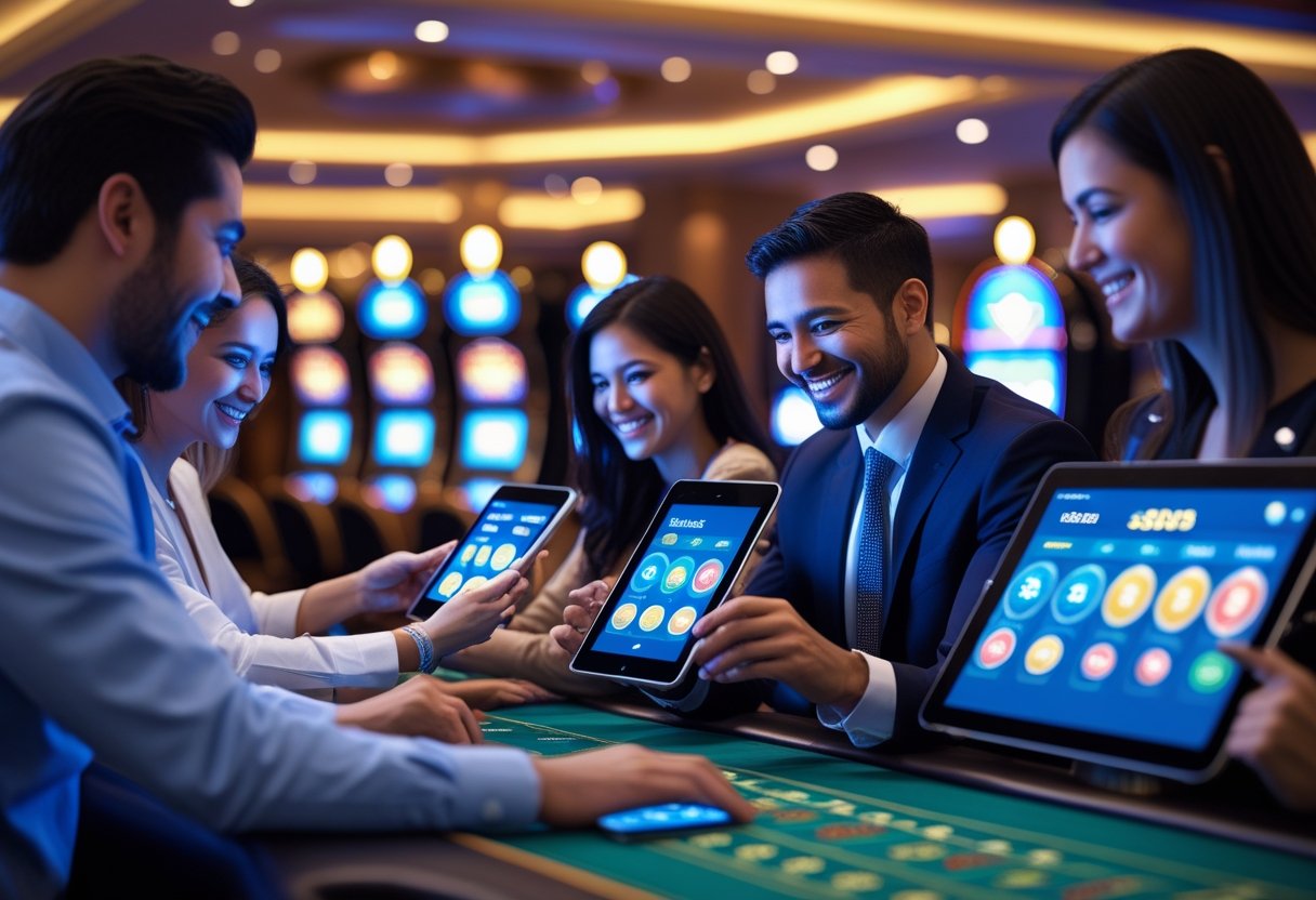 People in a casino using digital devices showing game progress and rewards, with slot machines and gaming tables in the background.