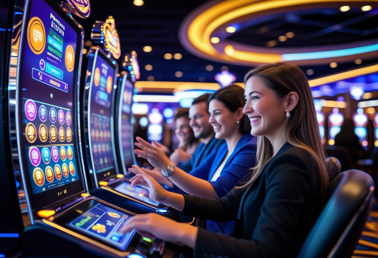 Casino floor with players interacting with slot machines and digital gaming interfaces showing progress bars and rewards.