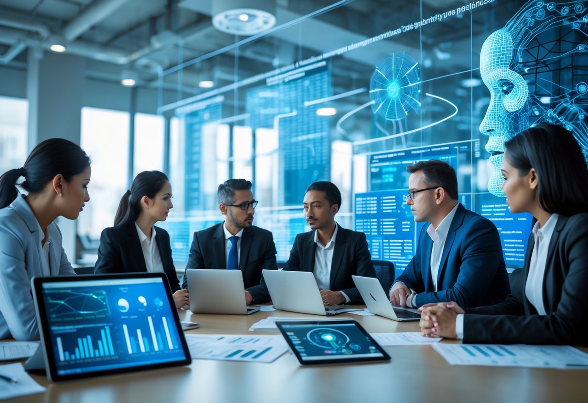 Des professionnels discutent autour d'une table dans un bureau moderne avec des écrans numériques affichant des données liées à l'intelligence artificielle et à la protection des données.