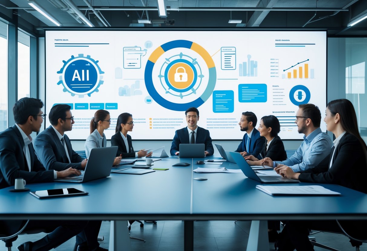 Un groupe de professionnels en réunion autour d'une table, analysant des données sur des écrans et des documents dans un bureau moderne.