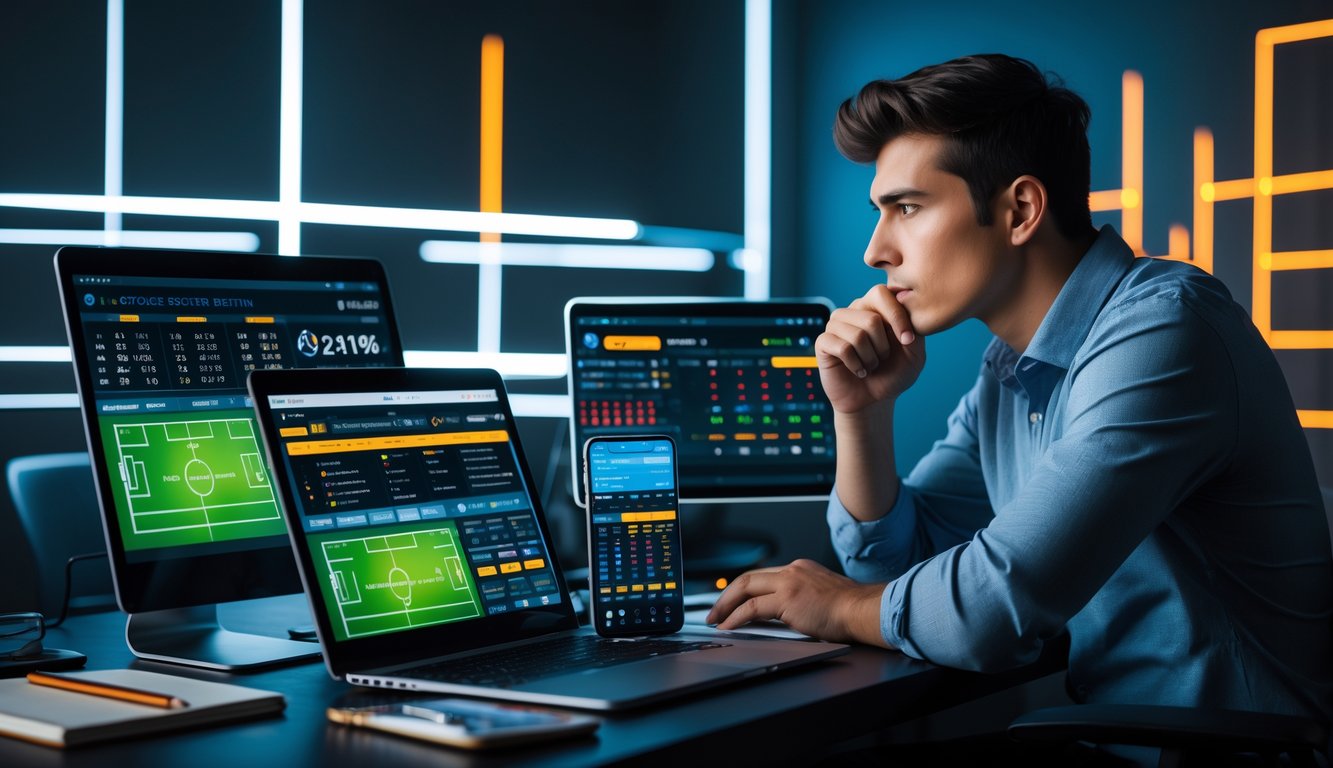 Seorang pria muda fokus menganalisis data pertandingan sepak bola di depan beberapa perangkat digital di sebuah ruangan dengan pencahayaan redup.