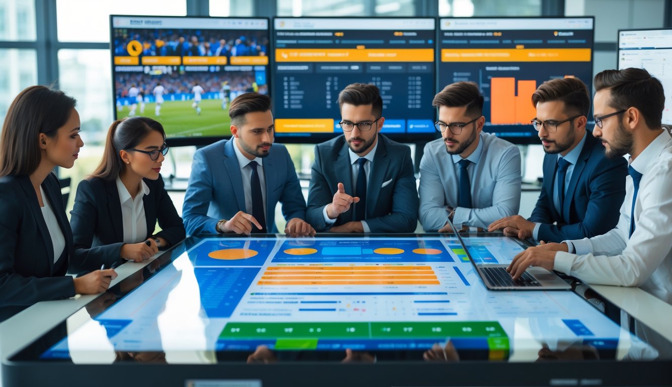Sekelompok profesional sedang menganalisis statistik tim sepak bola menggunakan layar digital dan perangkat elektronik di ruang kantor modern.
