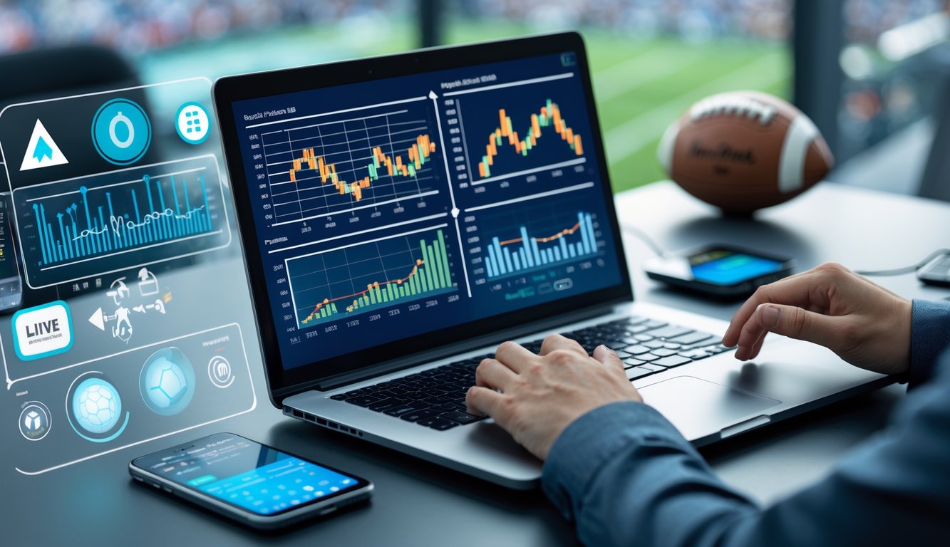 Seseorang menggunakan laptop dan ponsel dengan grafik data dan ikon terkait sepak bola di meja kerja.