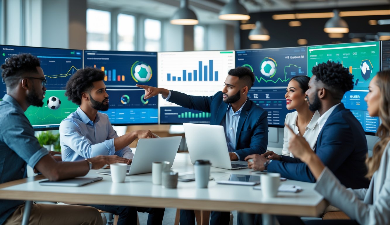 Sekelompok orang sedang menganalisis data performa tim sepak bola di kantor modern dengan layar komputer dan grafik.