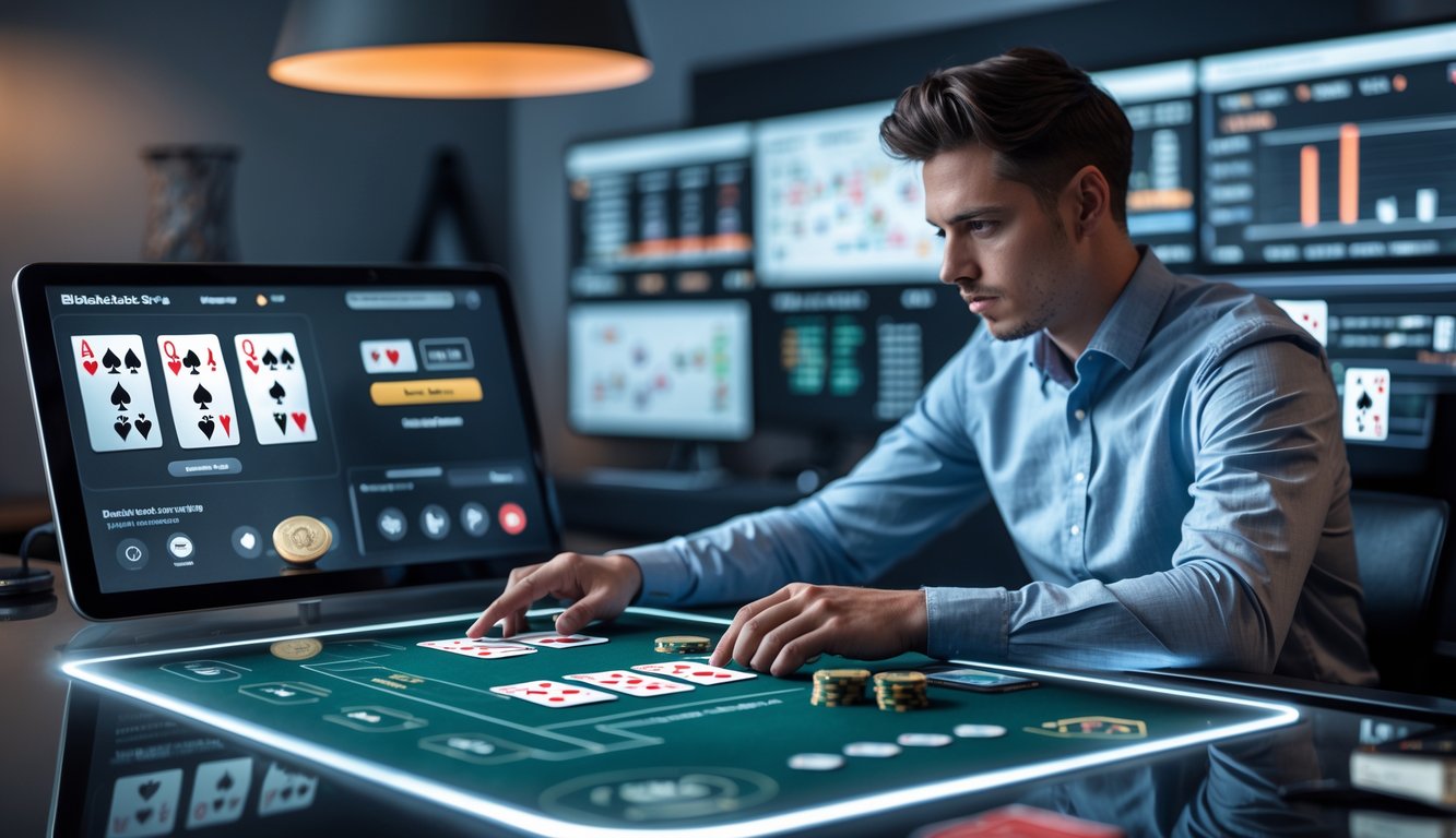 Seorang pemain muda menggunakan layar sentuh digital untuk bermain blackjack online dengan latar ruangan modern dan beberapa layar menampilkan data strategi.