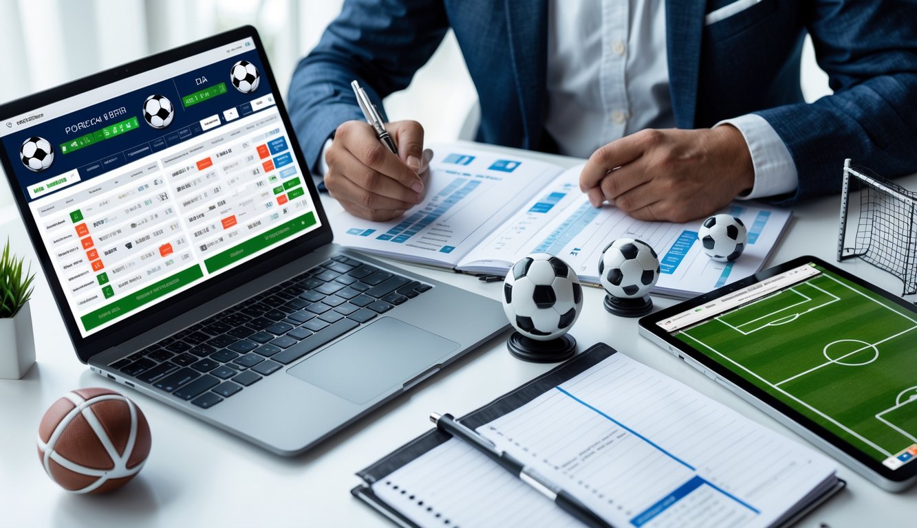 Seseorang sedang menganalisis data pertandingan sepak bola dengan laptop dan catatan di meja kerja.