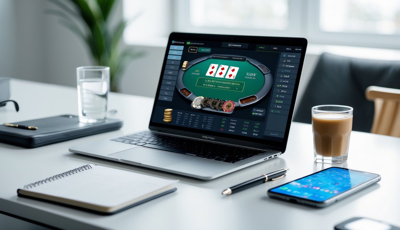Sebuah meja kerja dengan laptop menampilkan permainan blackjack online, sebuah gelas kopi, dan buku catatan dengan pena di sampingnya.